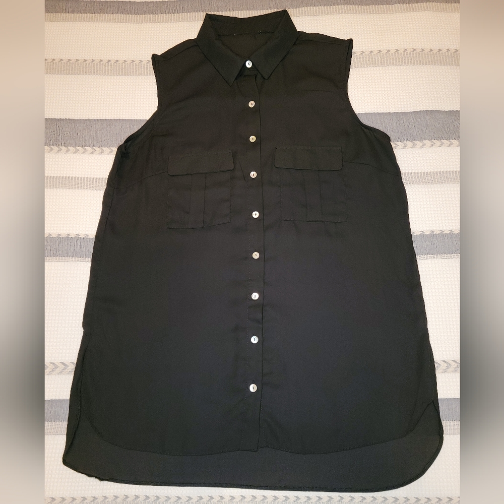 Sheer Long Sleeveless Button-Up Top